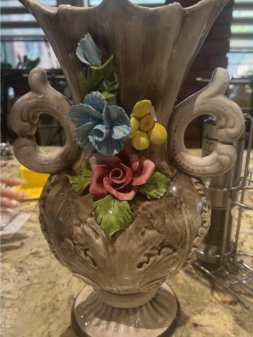 Handcrafted Floral Ceramic Vase in Brown with Multicolor Flowers